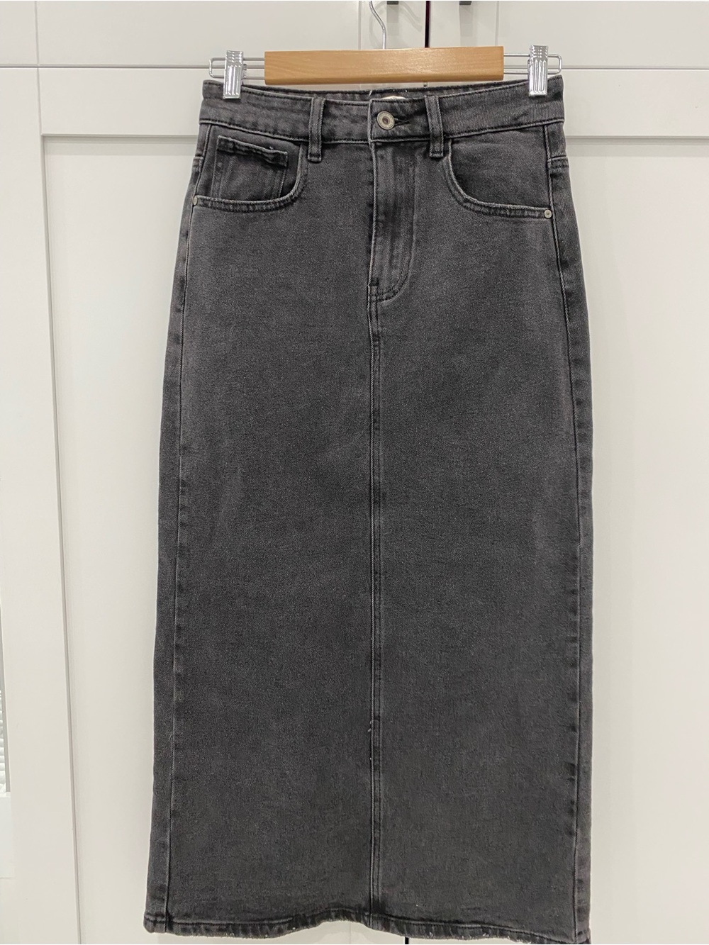 Women's Charcoal High-Waist Denim Midi Skirt with side pockets and back slit